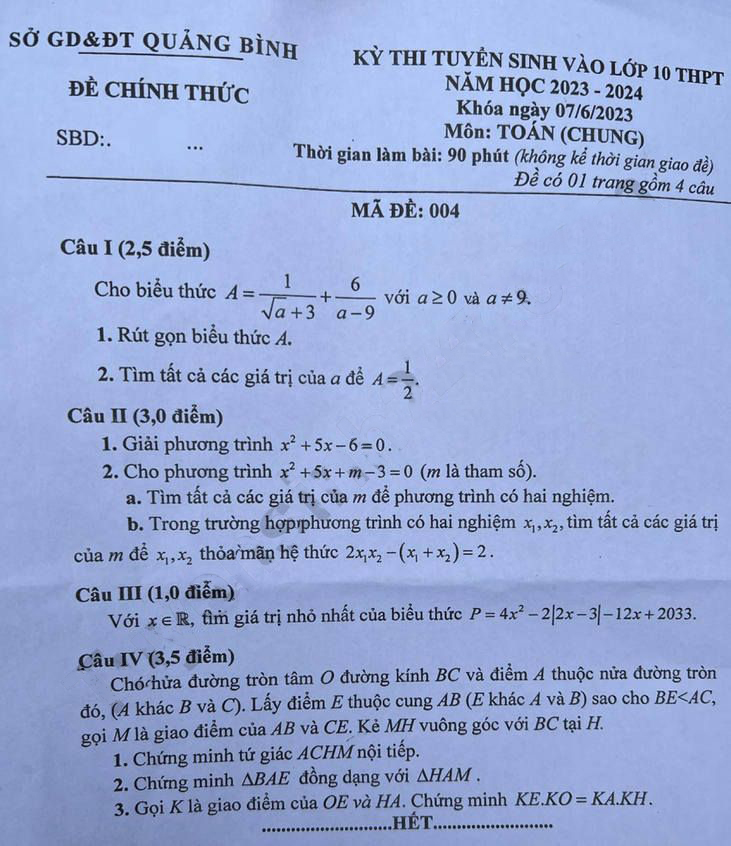 Đề thi vào lớp 10 môn Toán Quảng Bình 2023