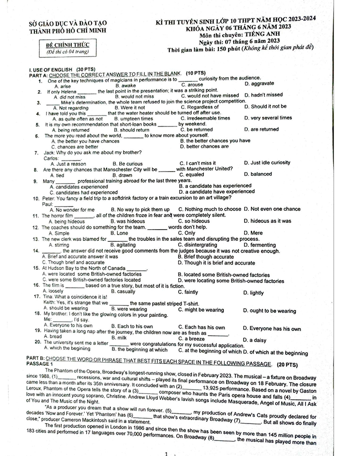 Đề thi vào lớp 10 TP HCM môn Anh chuyên 2023