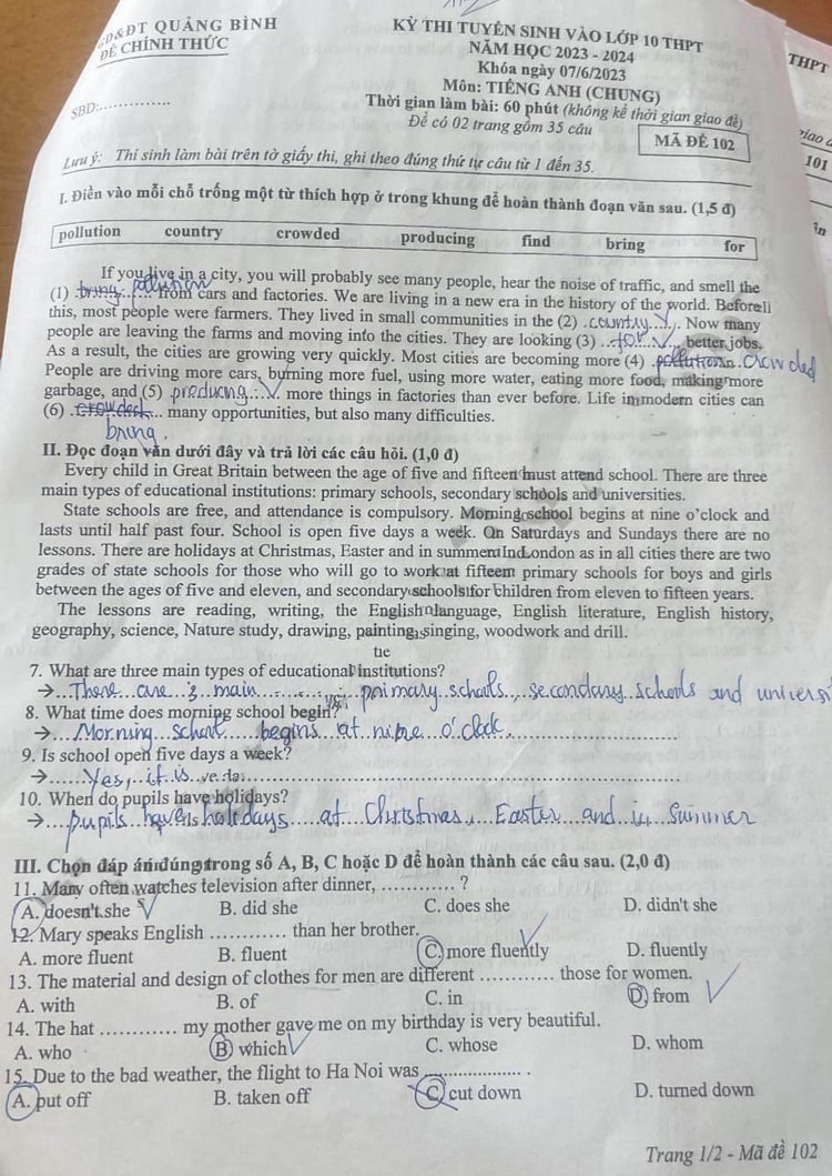 Đề thi vào lớp 10 môn Anh Quảng Bình 2023