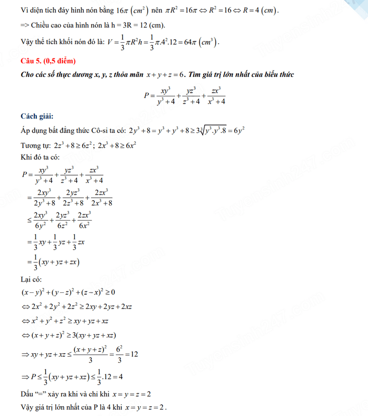 Đáp án đề thi tuyển sinh lớp 10 môn Toán Thái Bình năm 2023