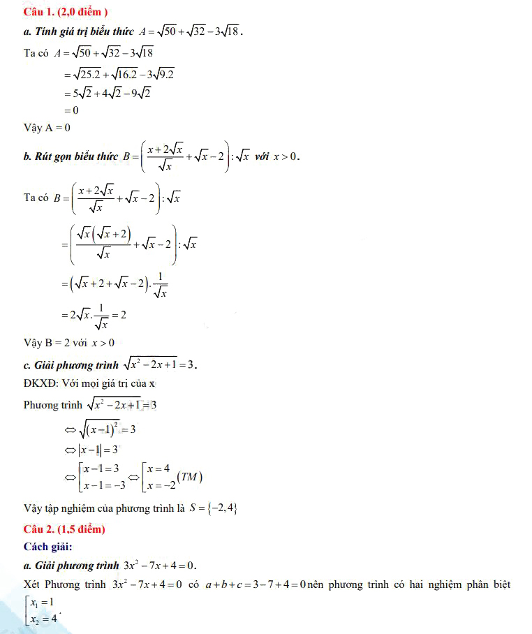 Đáp án đề thi tuyển sinh lớp 10 môn tiếng Toán Long An 2023
