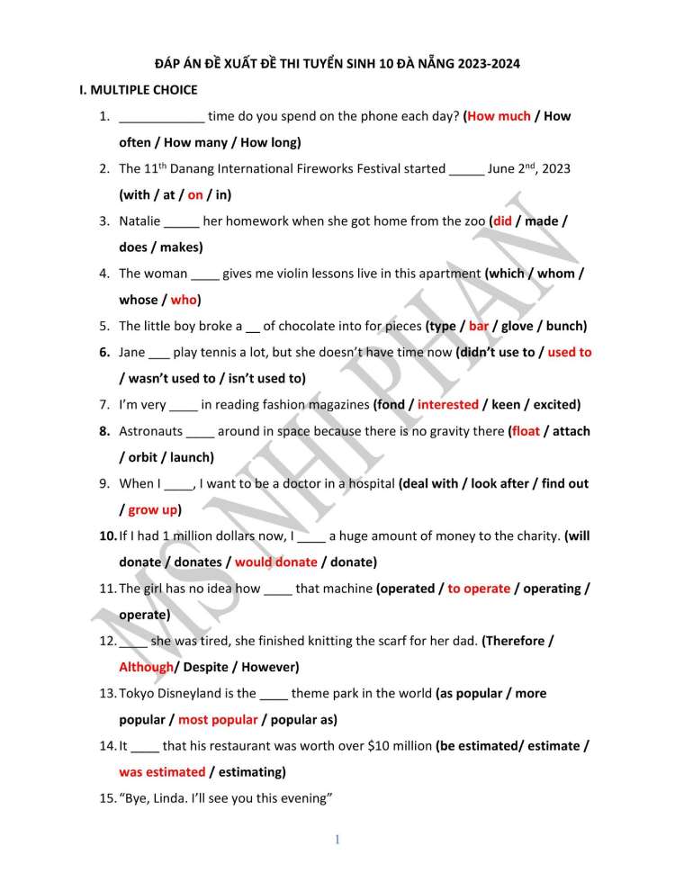 Đáp án đề thi tuyển sinh lớp 10 2023 môn tiếng Anh Đà Nẵng