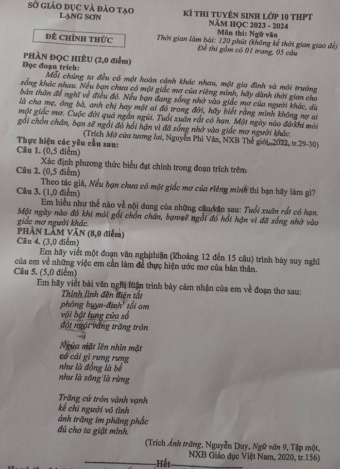 Đề thi vào lớp 10 môn Văn tỉnh Lạng Sơn 2023