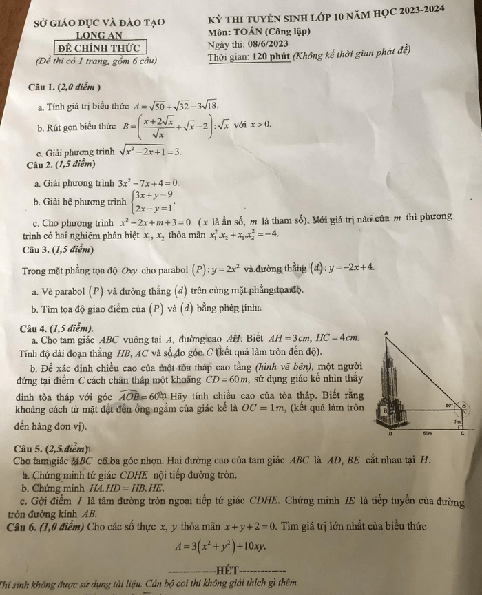 Đề thi tuyển sinh lớp 10 môn Toán Long An 2023