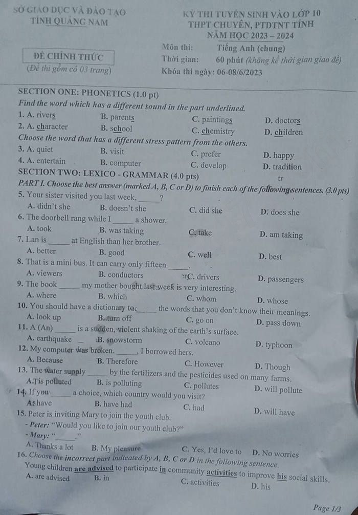 Đề thi tuyển sinh lớp 10 môn Anh Quảng Nam 2023