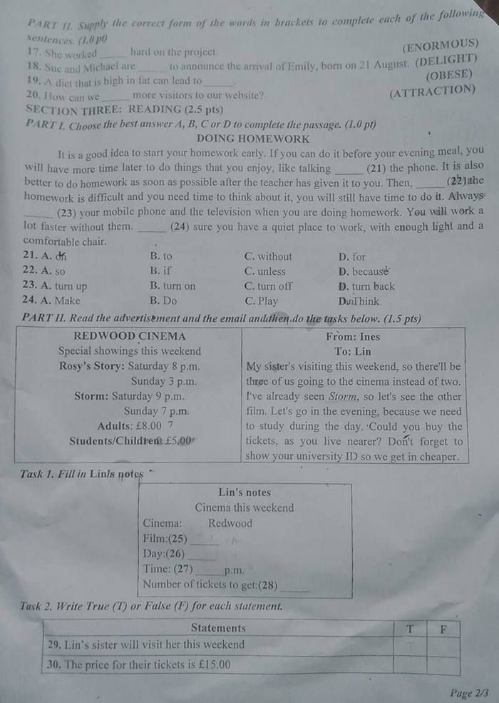 Đề thi tuyển sinh lớp 10 môn Anh Quảng Nam 2023