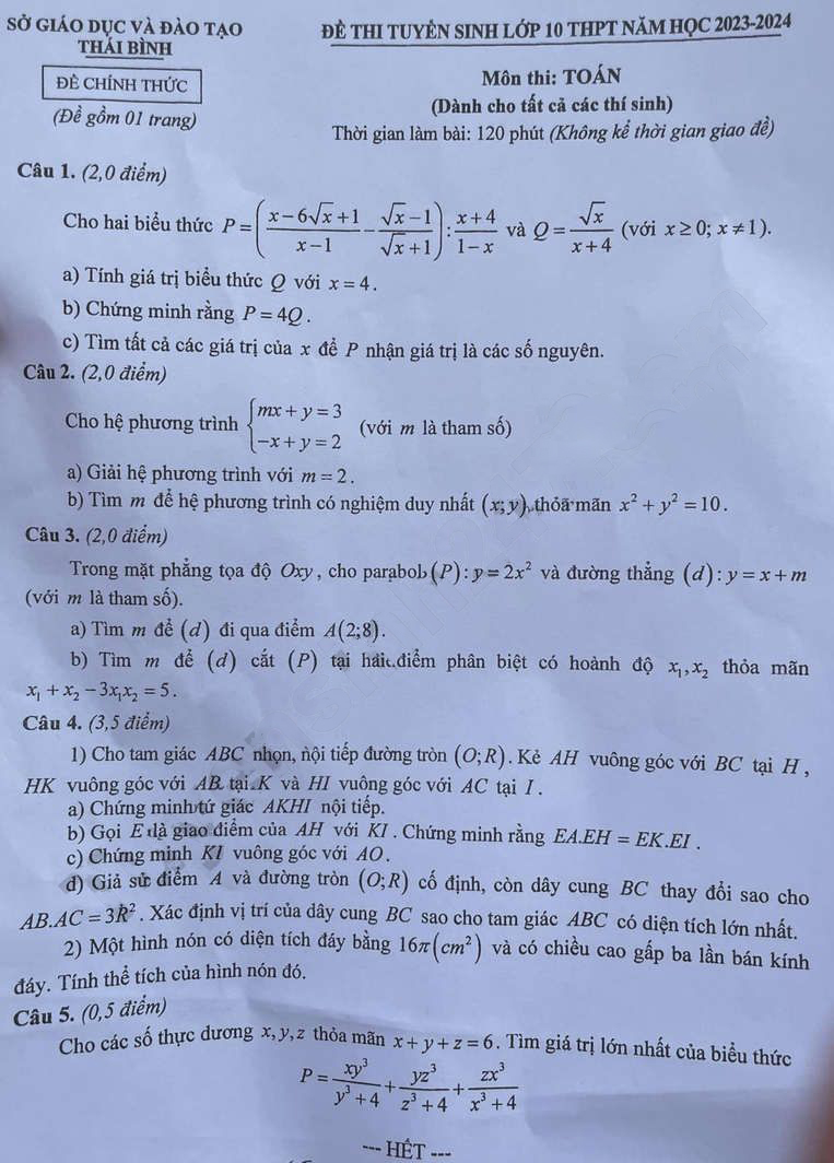 Đề thi tuyển sinh lớp 10 môn Toán Thái Bình 2023-2024