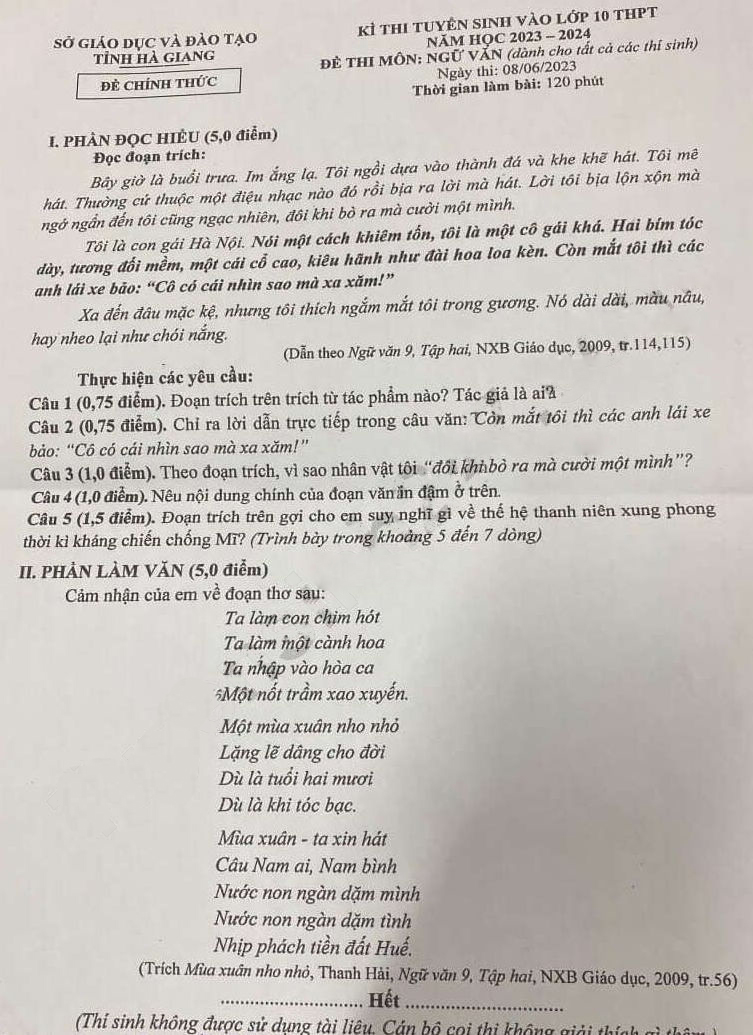 Đề thi tuyển sinh lớp 10 môn Văn Hà Giang 2023