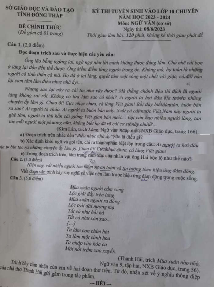 Đề thi Ngữ văn vào lớp 10 tỉnh Đồng Tháp 2023