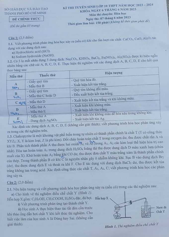 Đề thi tuyển sinh 10 chuyên Hóa TPHCM