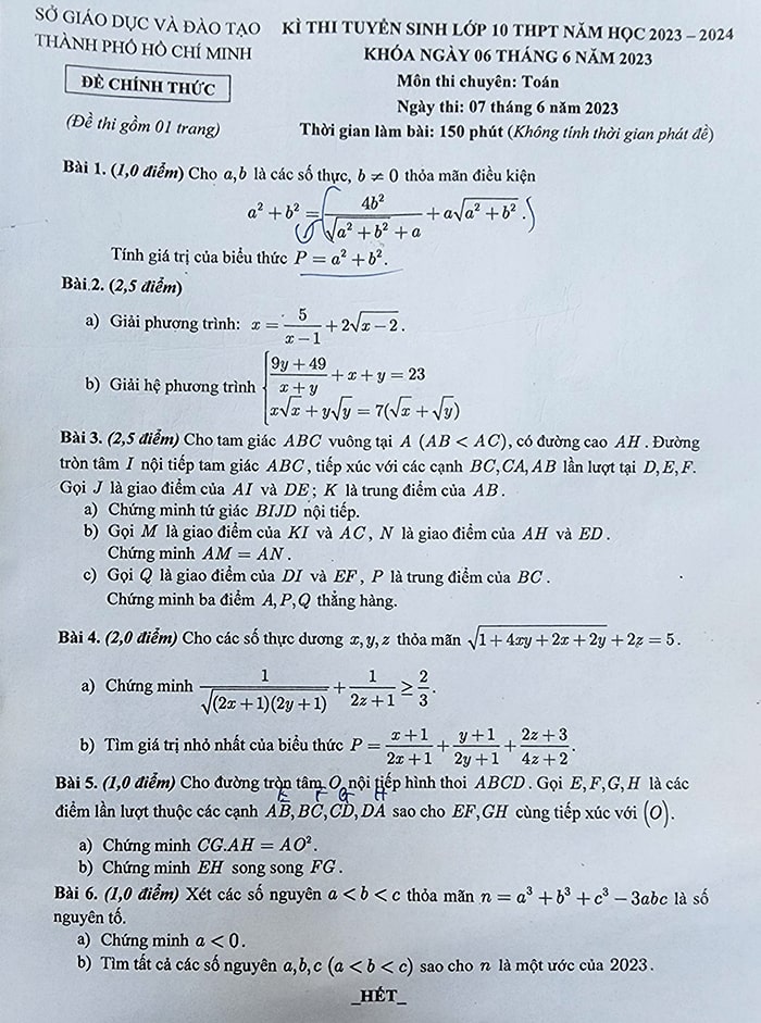 Đề thi chuyên Toán vào lớp 10 TPHCM