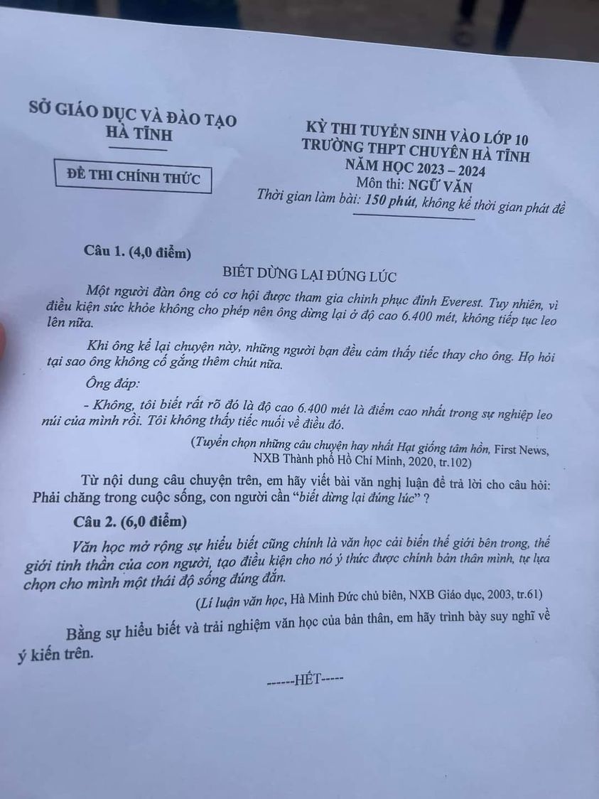 Đề thi tuyển sinh vào 10 môn Văn Hà Tĩnh 2023