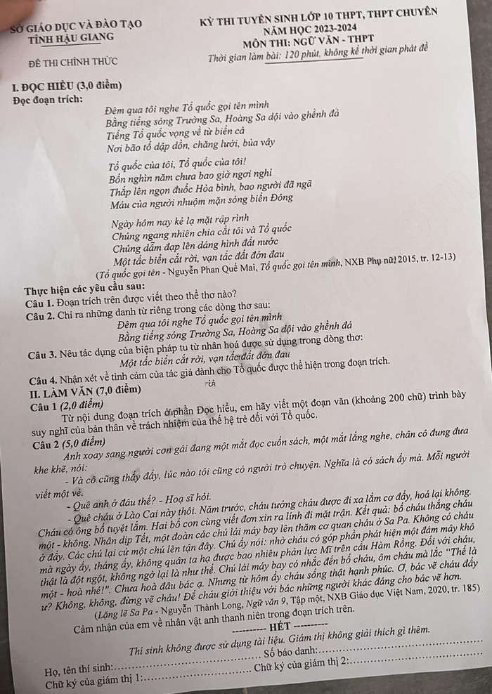 Đề thi tuyển sinh lớp 10 môn Văn Hậu Giang 2023