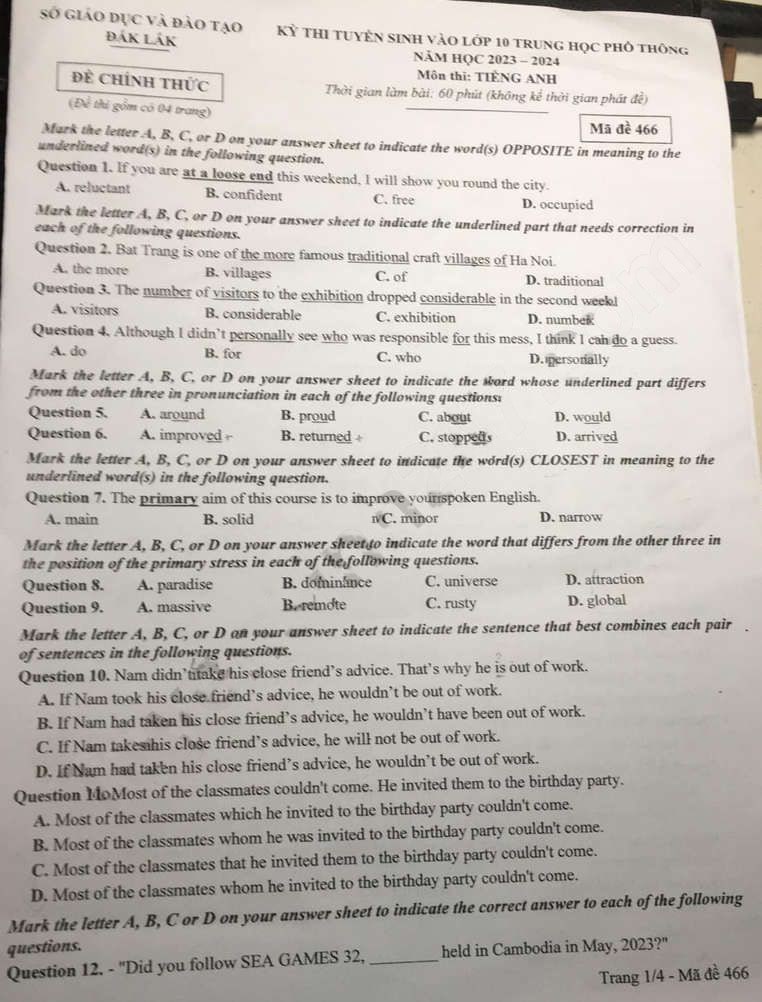 Đề thi tuyển sinh lớp 10 môn Anh Đắk Lắk 2023