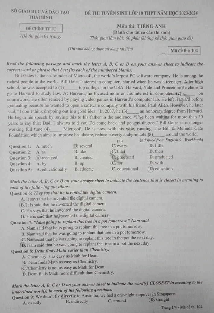 Đề thi tuyển sinh vào lớp 10 môn tiếng Anh Thái Bình 2023