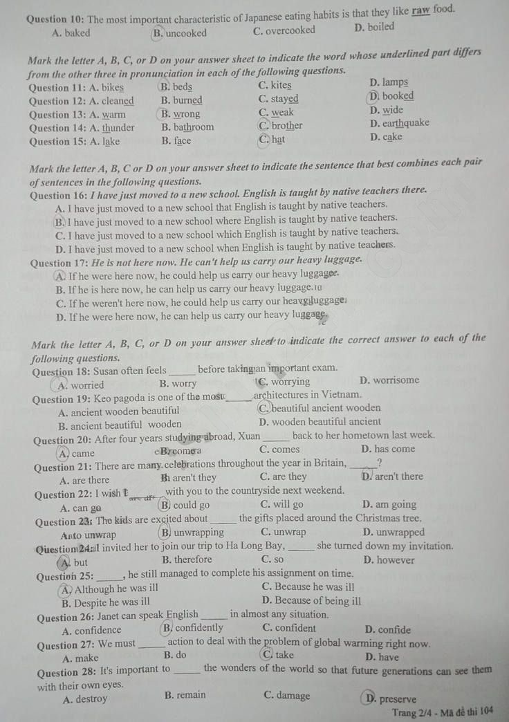 Đề thi tuyển sinh vào lớp 10 môn tiếng Anh Thái Bình 2023