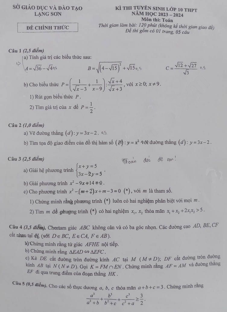  Đề thi vào lớp 10 môn Toán tỉnh Lạng Sơn 2023