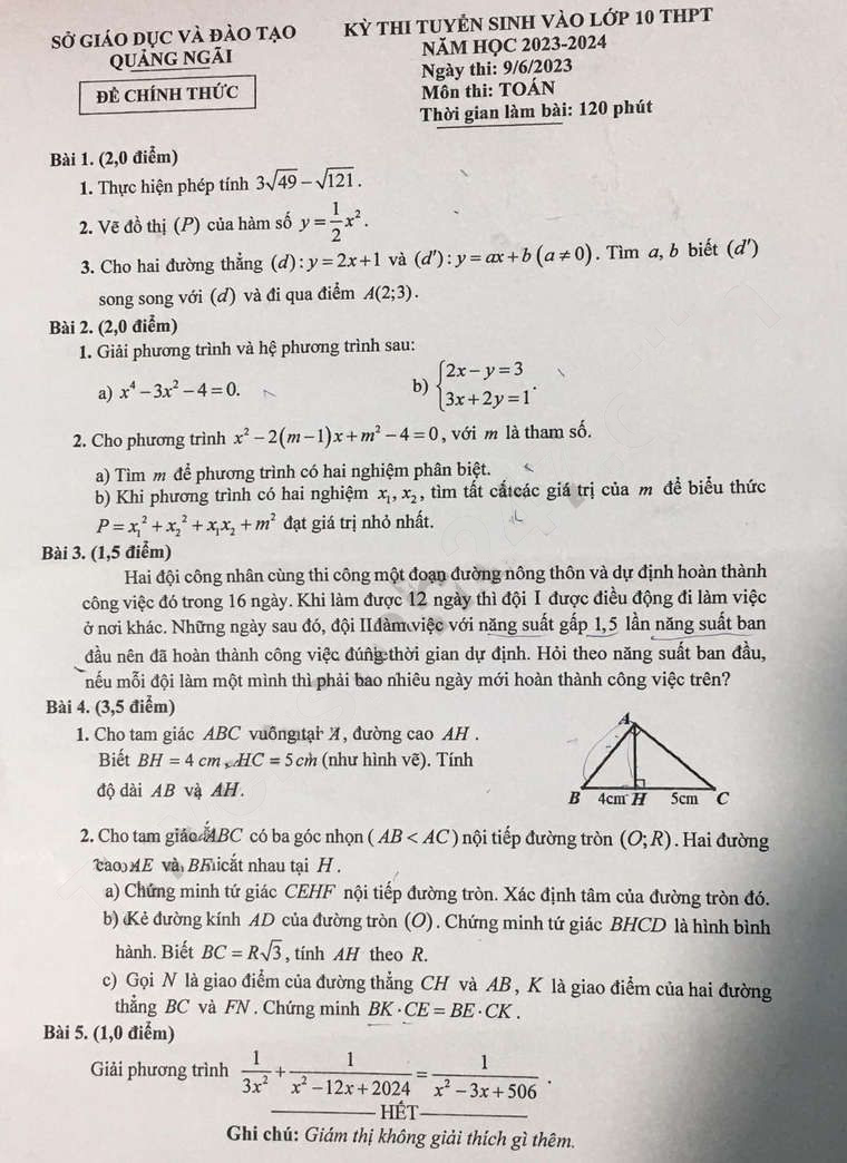 Đề thi tuyển sinh vào 10 môn Toán Quảng Ngãi 2023