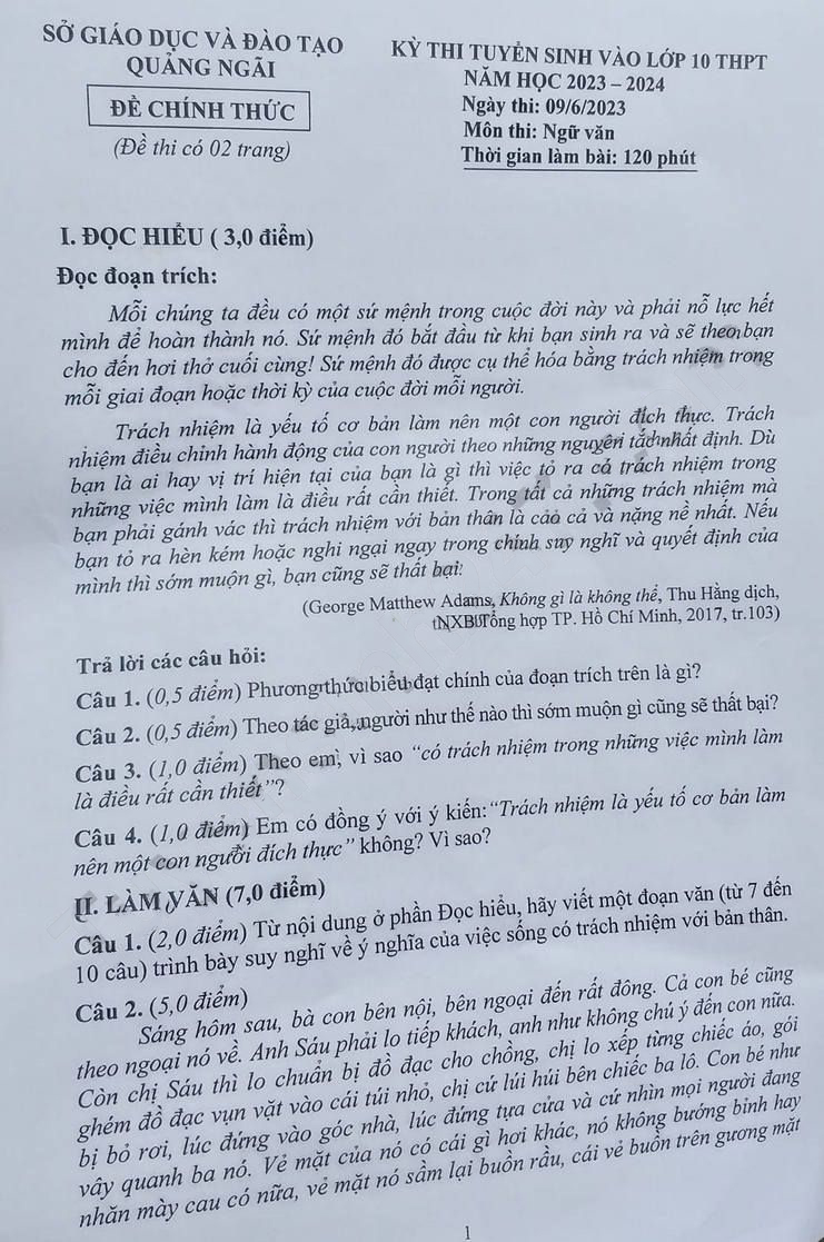  Đề thi vào 10 Quảng Ngãi môn Văn 2023
