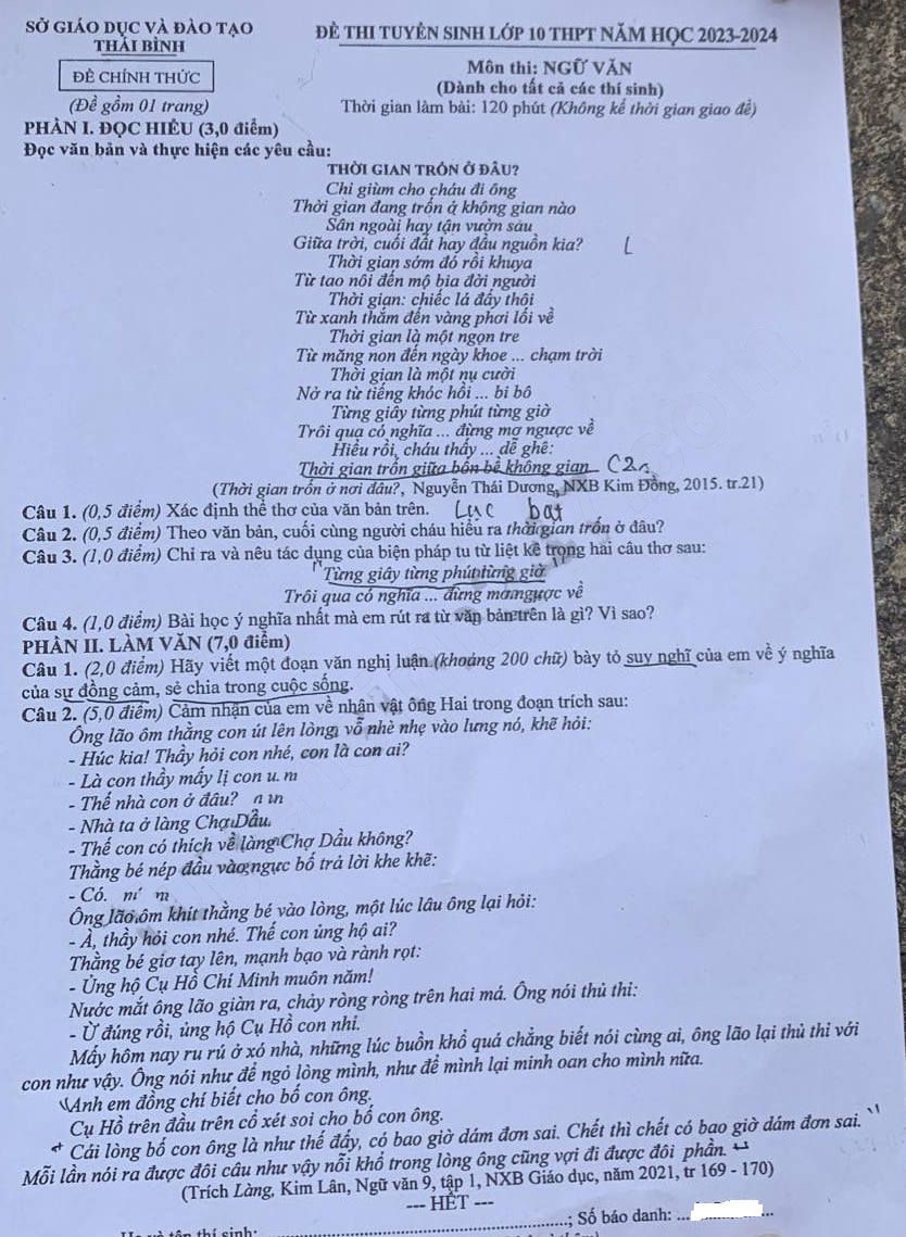 Đề thi tuyển sinh lớp 10 môn Văn Thái Bình 2023-2024