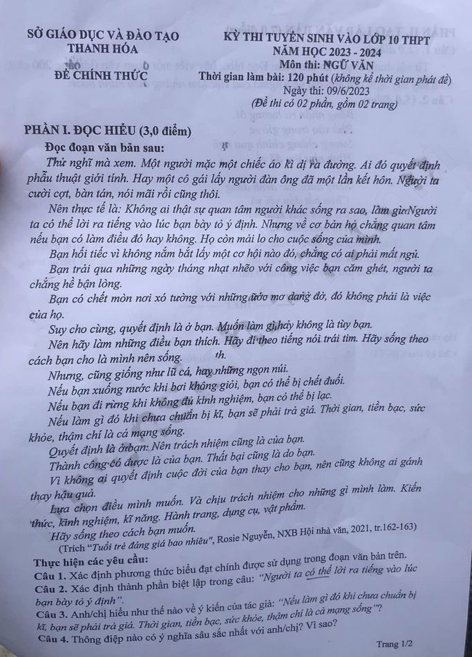 Đề thi tuyển sinh lớp 10 môn Văn Thanh Hóa 2023