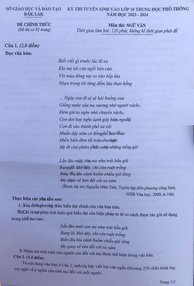 Đề thi tuyển sinh lớp 10 tỉnh Đắk Lắk 2023 môn Văn