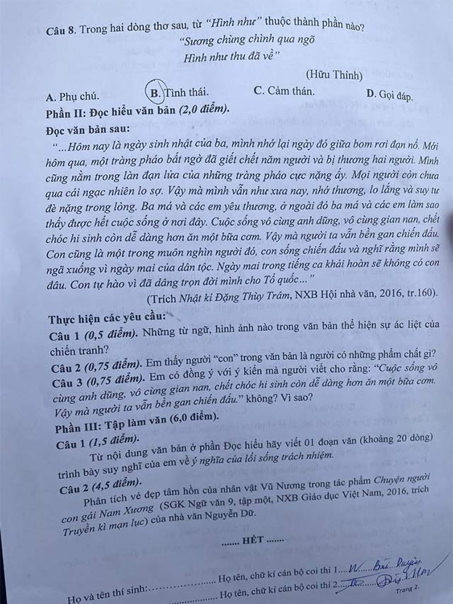 Đề thi tuyển sinh vào lớp 10 môn Văn Nam Định 2023