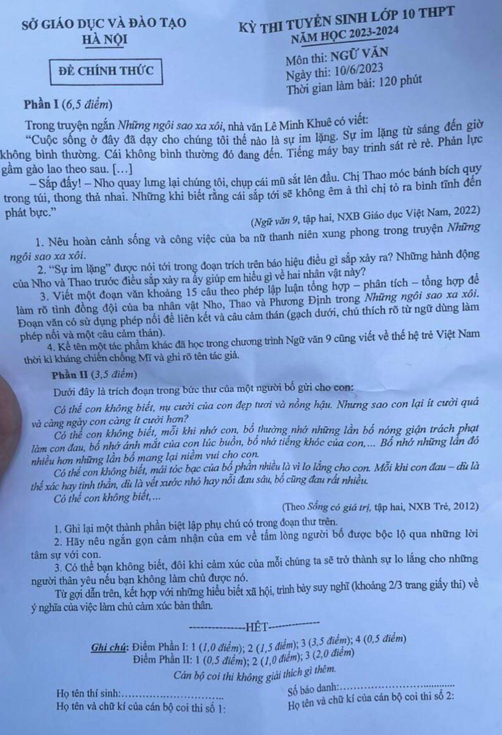 Đề thi tuyển sinh lớp 10 môn Văn Hà Nội 2023