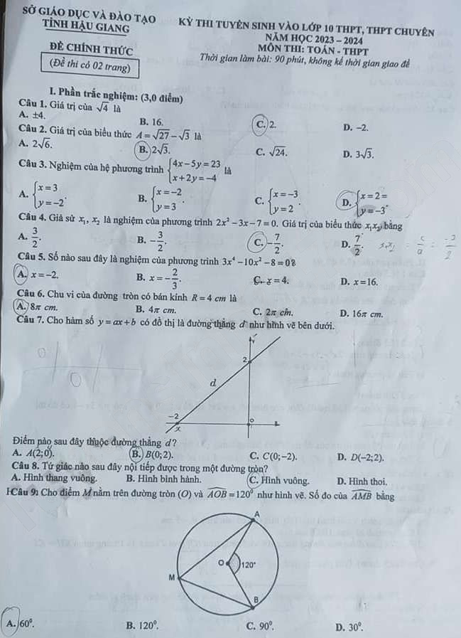 Đề thi tuyển sinh lớp 10 môn Toán Hậu Giang 2023