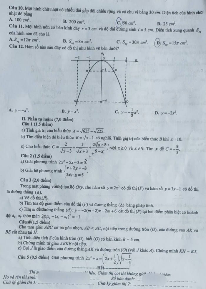Đề thi tuyển sinh lớp 10 môn Toán Hậu Giang 2023