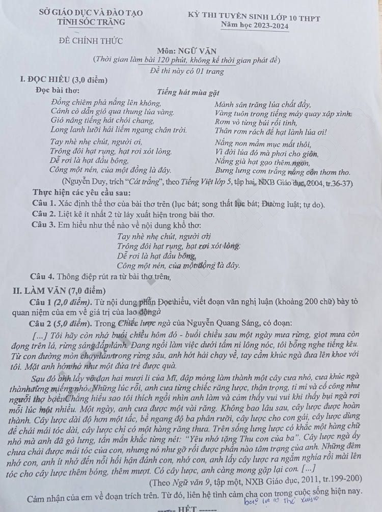 Đề thi tuyển sinh lớp 10 môn Văn Sóc Trăng 2023