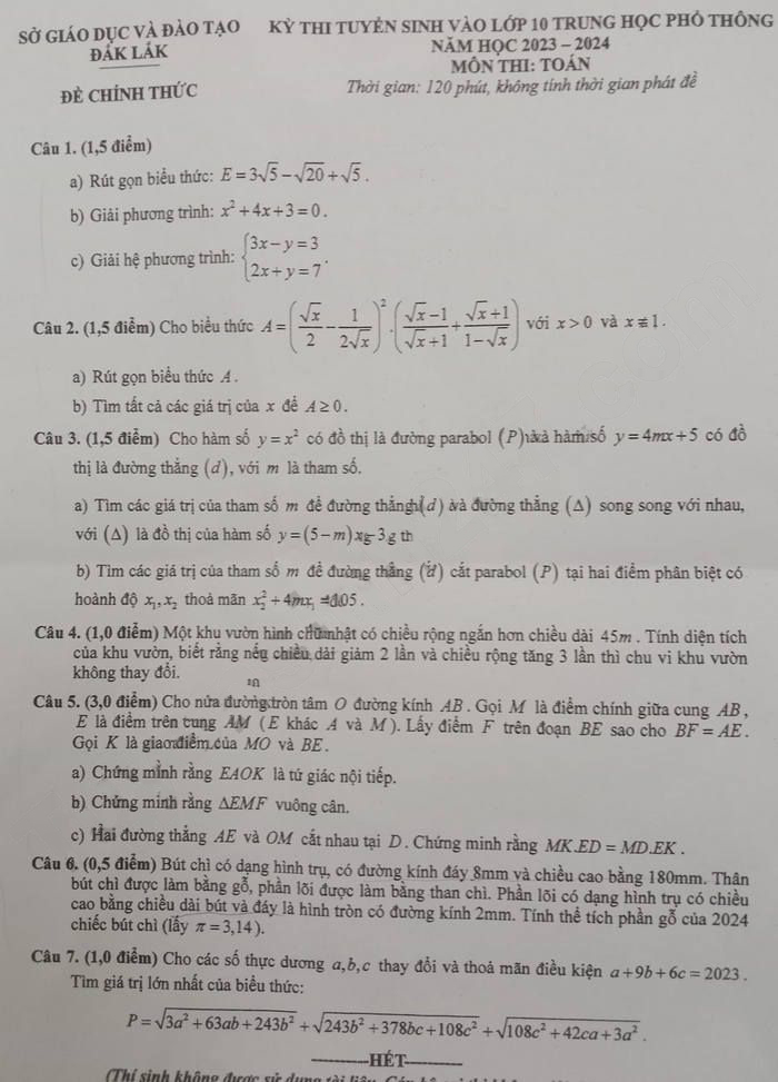 Đề thi tuyển sinh lớp 10 môn Toán Đắk Lắk 2023-2024