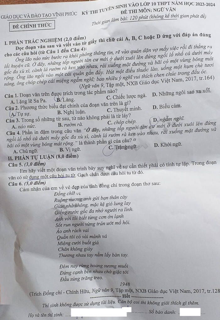 Đề thi vào lớp 10 môn Văn tỉnh Vĩnh Phúc 2023