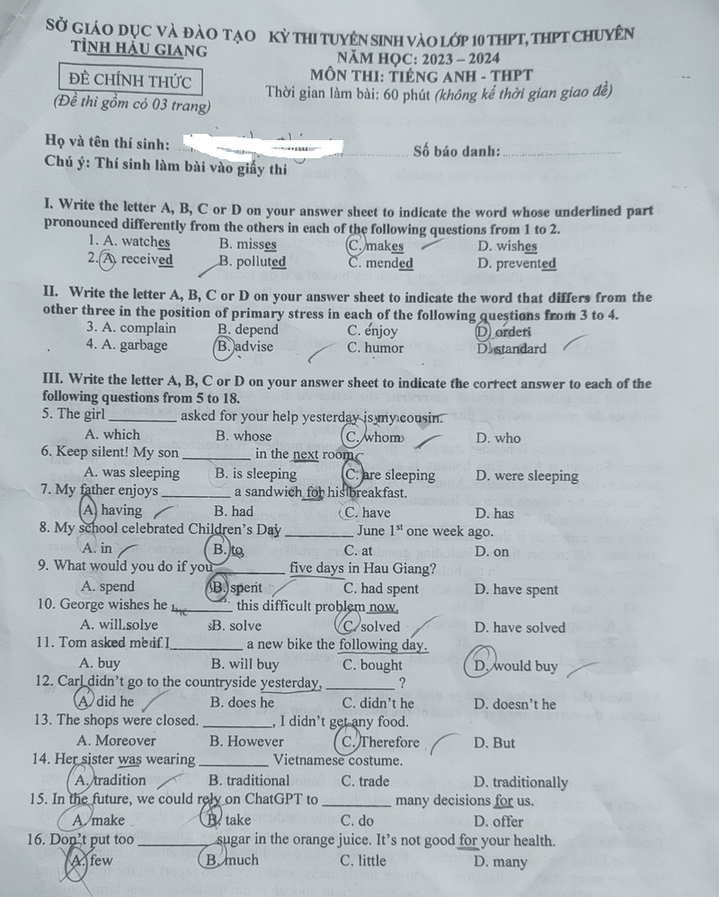 Đề thi tuyển sinh lớp 10 môn Anh Hậu Giang 2023