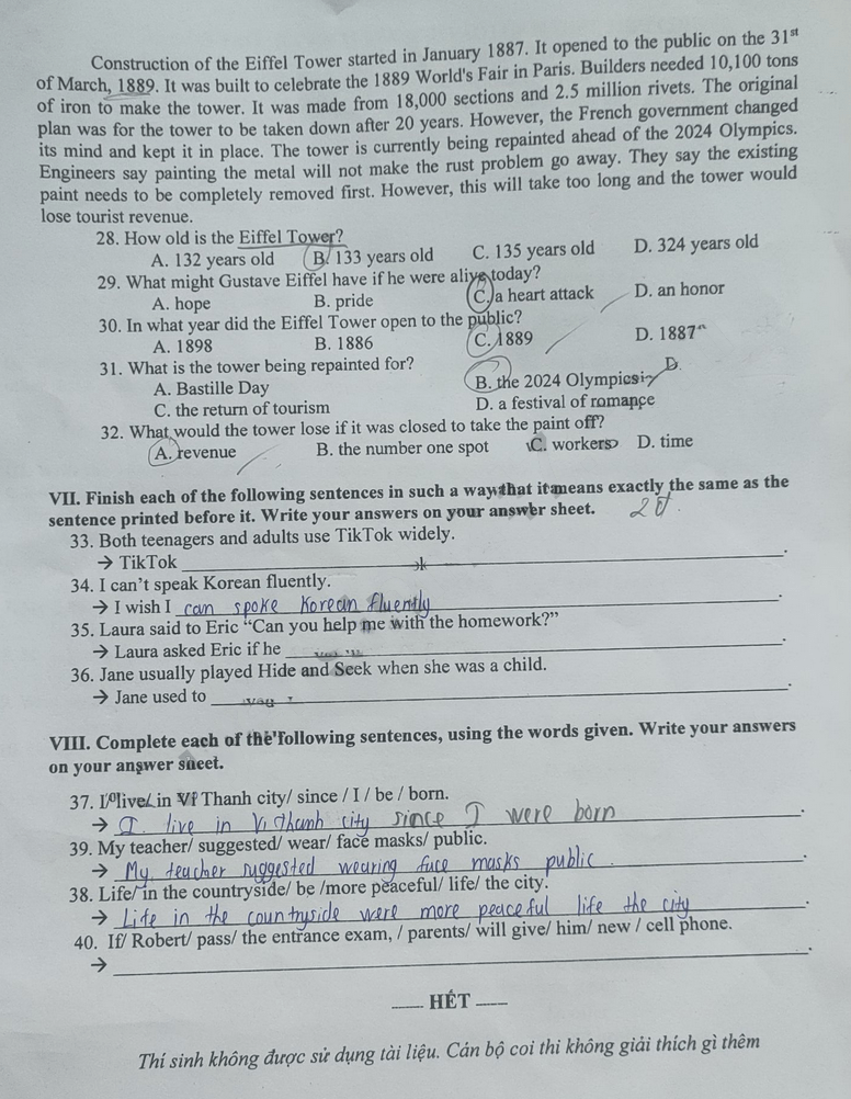 Đề thi tuyển sinh lớp 10 môn Anh Hậu Giang 2023