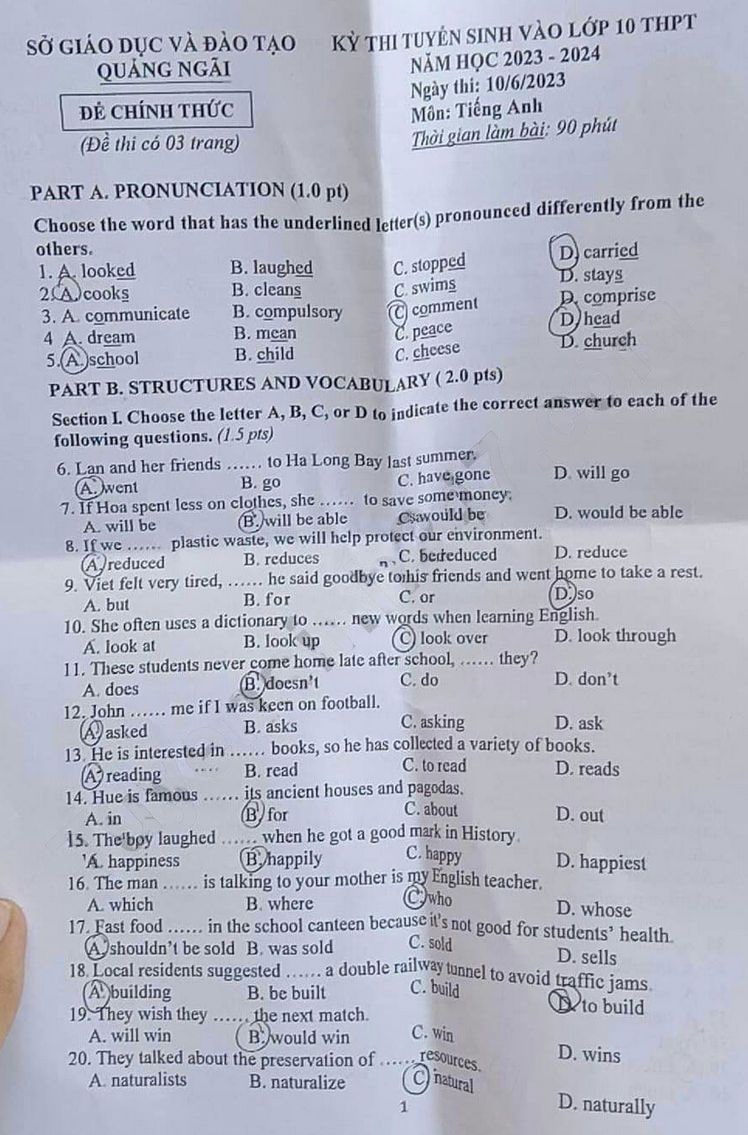 Đề thi tuyển sinh lớp 10 môn Anh Quảng Ngãi 2023