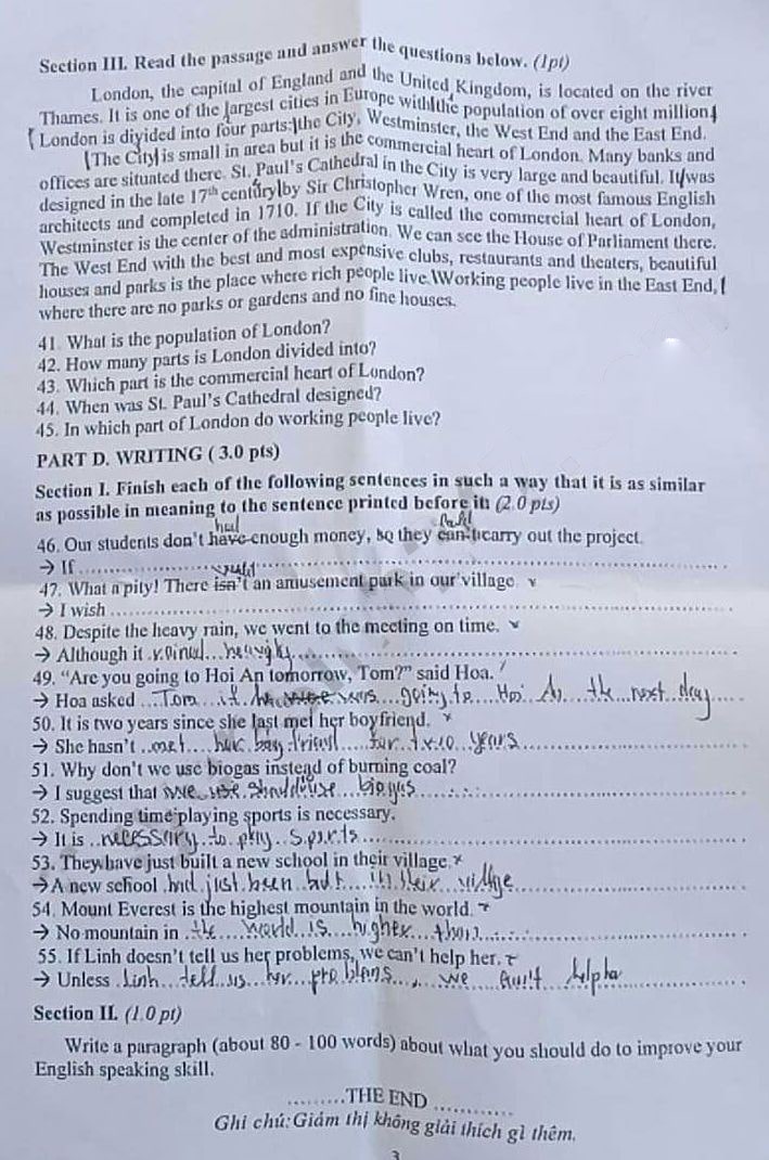 Đề thi tuyển sinh lớp 10 môn Anh Quảng Ngãi 2023
