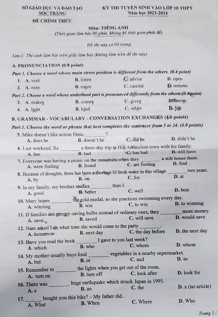 Đề thi tuyển sinh lớp 10 môn Anh Sóc Trăng 2023