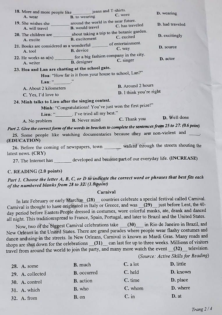 Đề thi tuyển sinh lớp 10 môn Anh Sóc Trăng 2023
