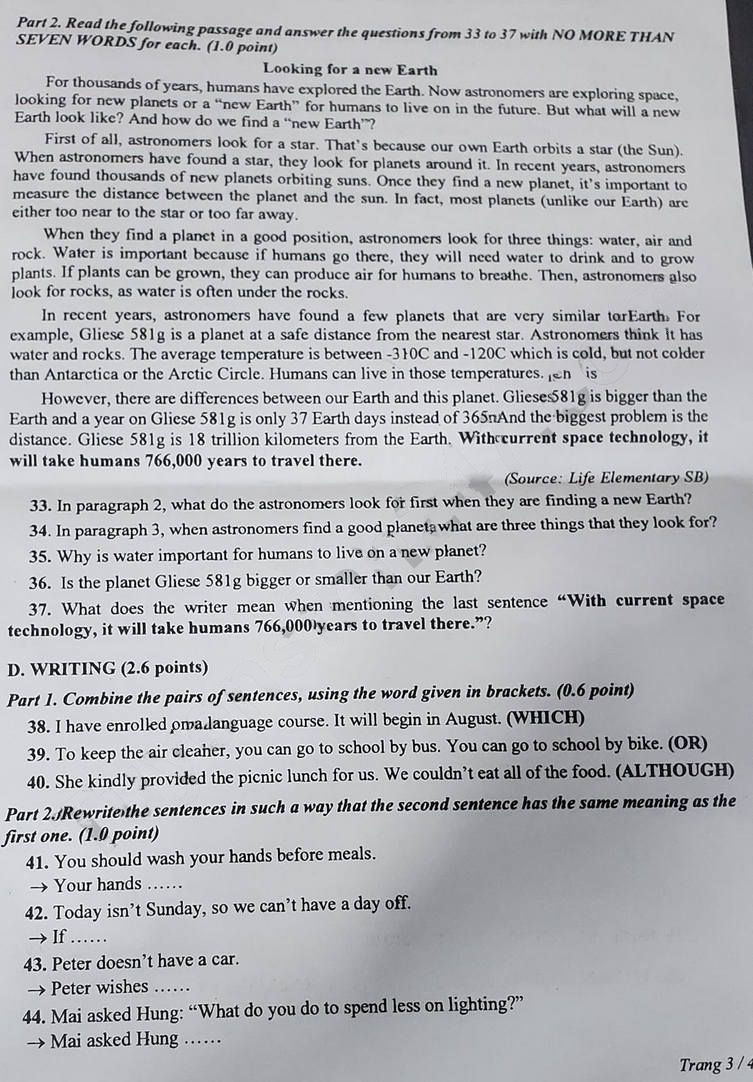 Đề thi tuyển sinh lớp 10 môn Anh Sóc Trăng 2023