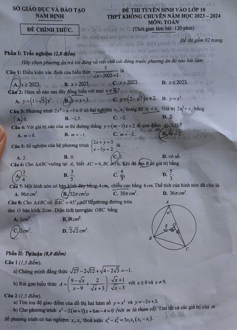 Đề thi môn Toán vào 10 Nam Định 2023