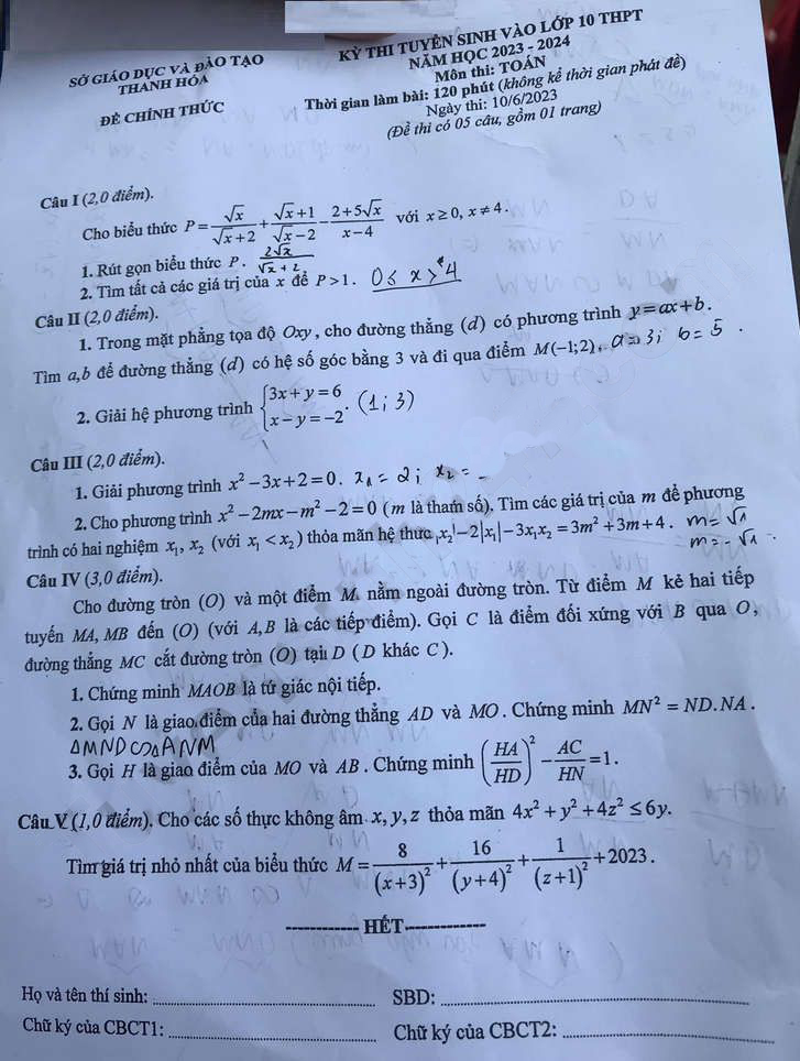 Đề thi vào 10 môn Toán Thanh Hóa 2023