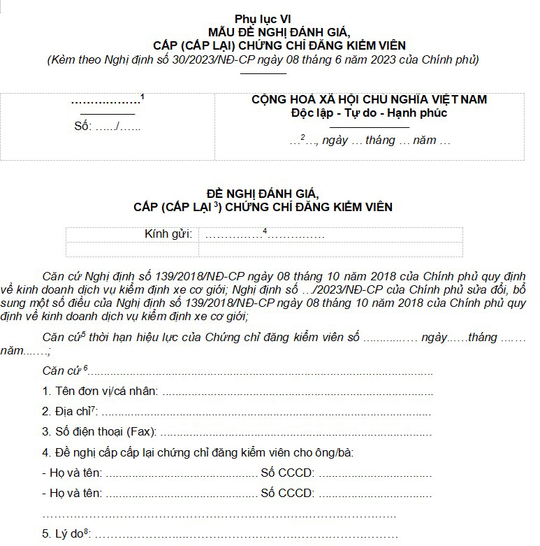 Biểu mẫu Nghị định 30 2023 về kinh doanh dịch vụ kiểm định xe cơ giới