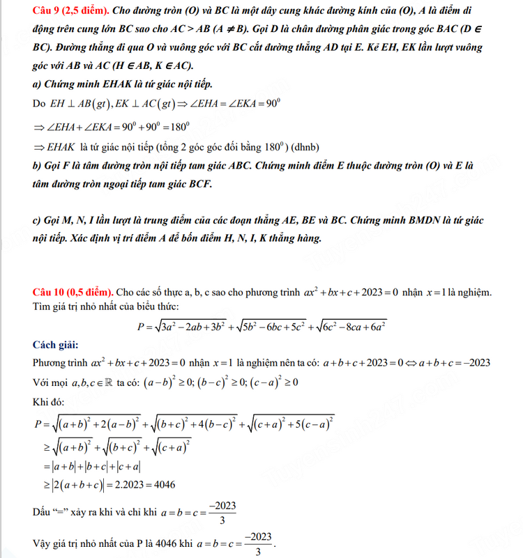 Đáp án đề thi tuyển sinh lớp 10 Vĩnh Phúc môn Toán 2023