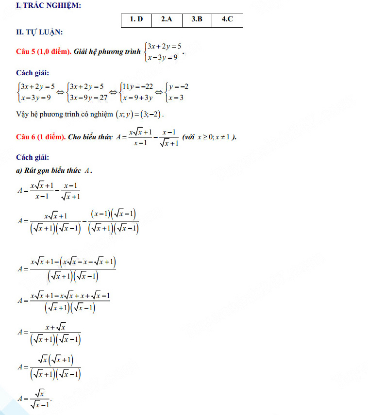 Đáp án đề thi tuyển sinh lớp 10 Vĩnh Phúc môn Toán 2023