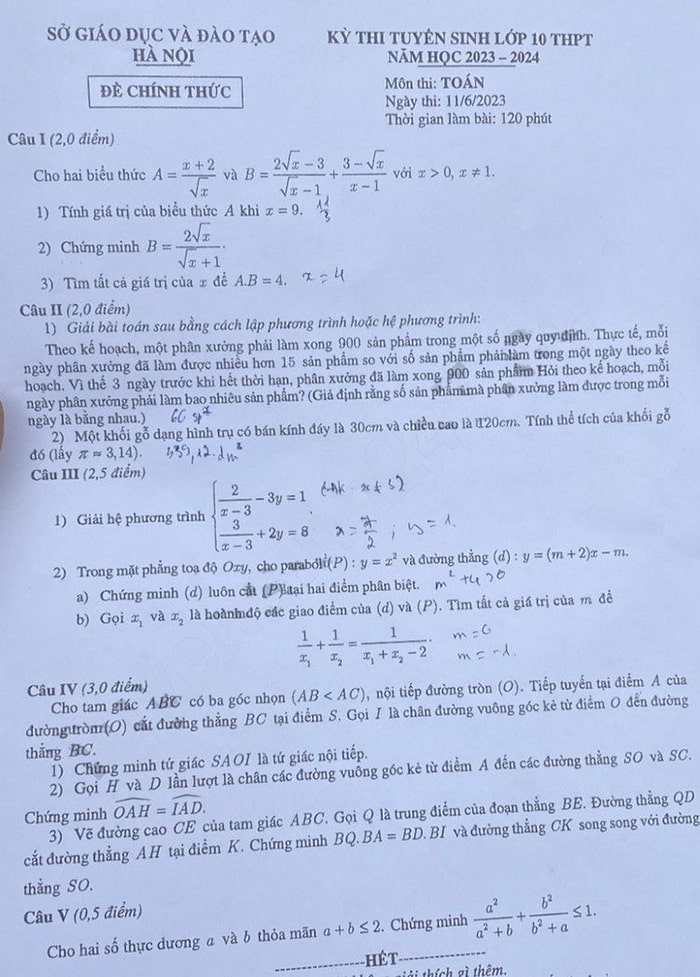 Đề thi tuyển sinh lớp 10 môn Toán Hà Nội 2023