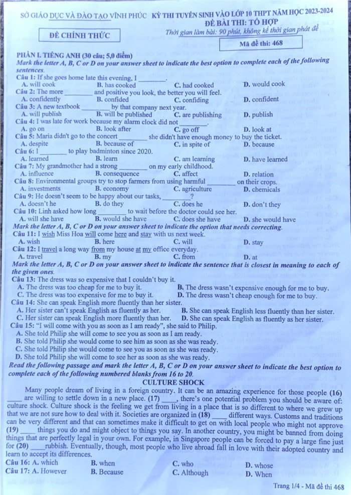 Đề thi vào lớp 10 môn Tổ hợp tỉnh Vĩnh Phúc 2023
