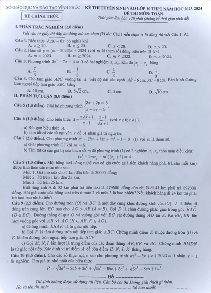 Đề thi vào lớp 10 môn Toán tỉnh Vĩnh Phúc 2023