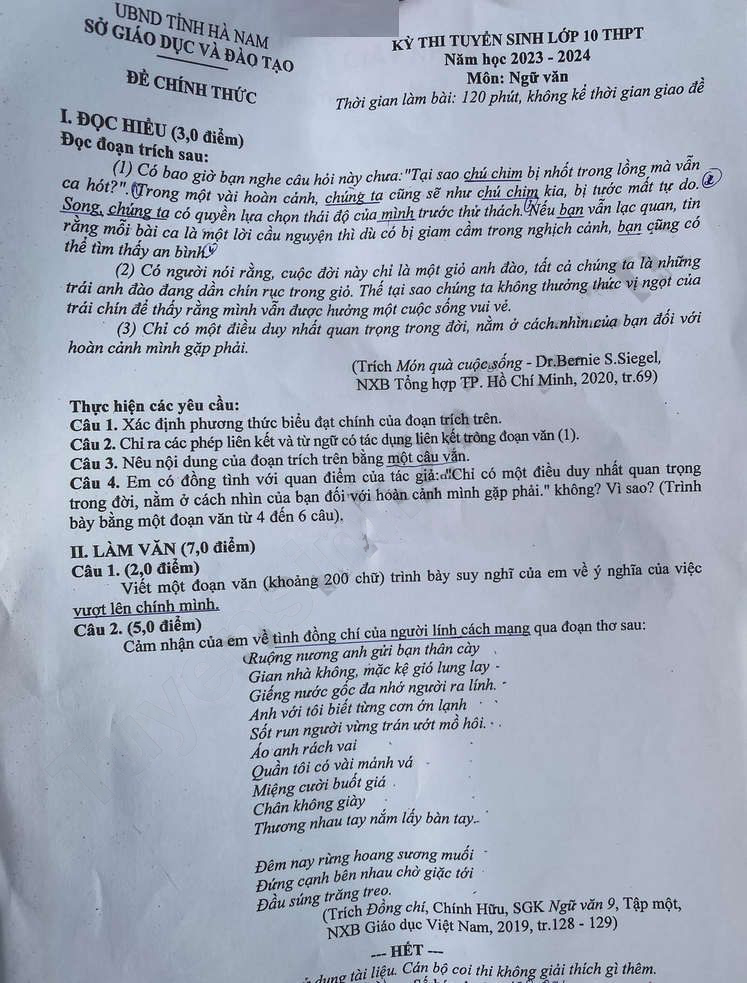 Đề thi tuyển sinh vào lớp 10 môn Văn tỉnh Hà Nam 2023