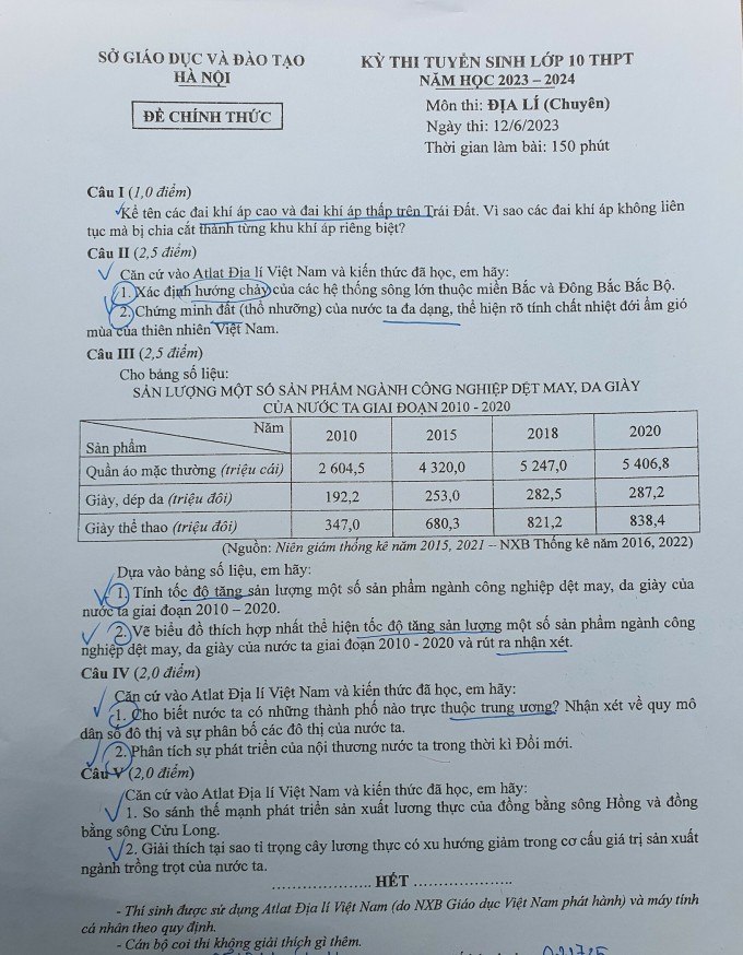 Đề thi chuyên Địa vào lớp 10 Hà Nội 2023